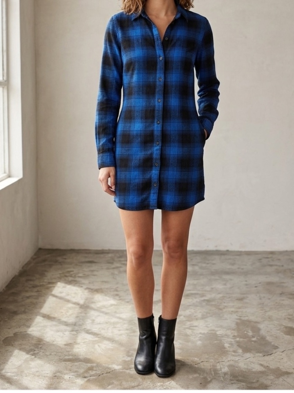 Abercrombie & Fitch Blue Black Plaid Button Up Shirt Dress XS